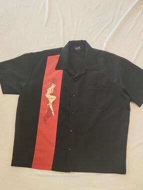 🌚Steady Mens Xl Black Short-Sleeve Button-Down Shirt with Red Graphic Stripe